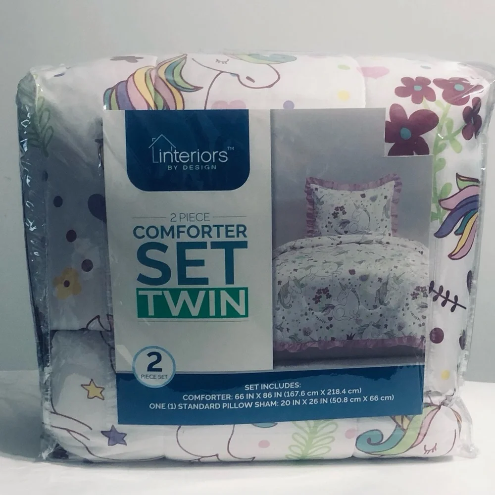 2piece Comforter set Unicorn flowers hearts printed white pink. Twin size